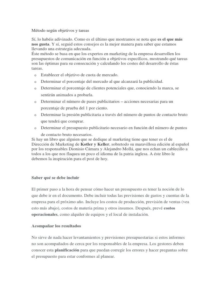metodo de objetivo y tarea marketing - Cuál es el método objetivo y de tareas