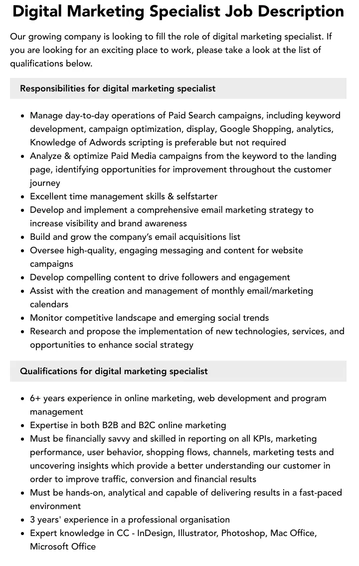 Descripción del Puesto de Especialista en Marketing Digital - What is a digital specialist's job description digital marketing specialist job description - What is a digital specialist's job description
